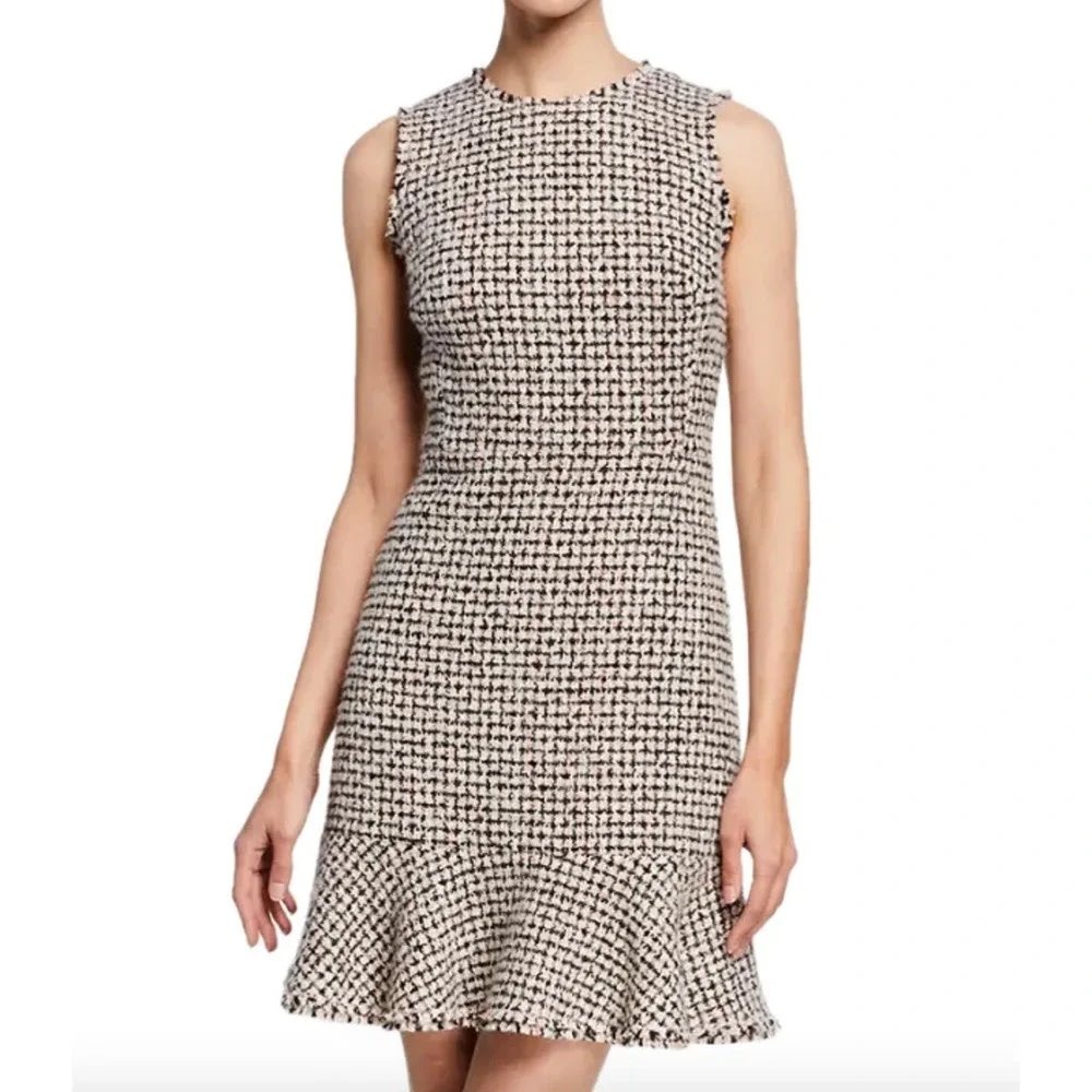 Rebecca Taylor Houndstooth Tweed Sleeveless Ruffle Hem Dress Size 8 Black Pink